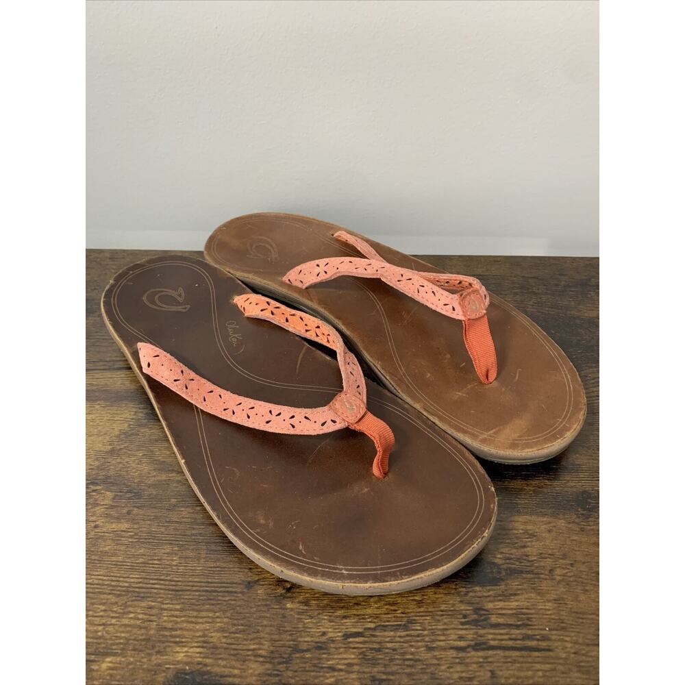 OluKai Puka Flip Flops Thong Sandals Pink/Coral Leather Women's 8 ~ Beach/Summer